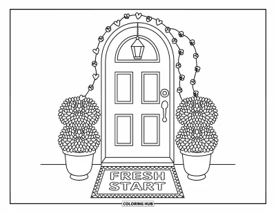 Coloriage du pardon pour adultes : Porte d'entrée cintrée avec le paillasson « Fresh Start », des plantes en pots et une lanterne suspendue