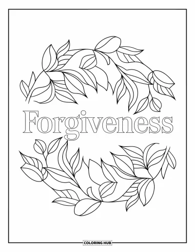 Coloriage du pardon pour adultes : « Forgiveness » dans un mandala de feuilles aux courbes douces