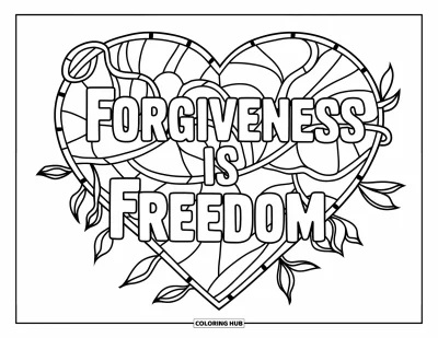 Coloriage du pardon pour adultes : « Forgiveness is Freedom » avec des motifs de cœurs et des lianes sinueuses