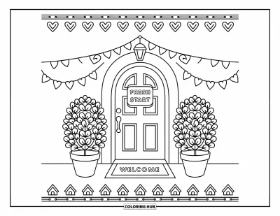 Coloriage du pardon pour adultes : Scène de porte d'entrée avec le paillasson « Fresh Start », une lanterne, des plantes en pots et une bordure en cœurs