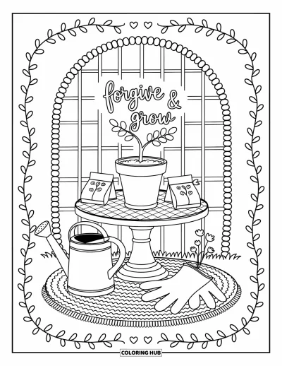 Coloriage du pardon pour adultes : Table de jardin avec un jeune arbre, « Forgive & Grow », un arrosoir et des fleurs