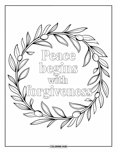 Coloriage du pardon pour adultes : Mandala complexe de branches d'olivier avec « Peace Begins With Forgiveness »