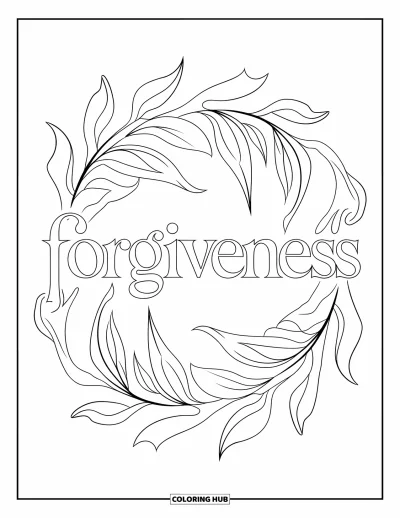 Coloriage du pardon pour adultes : Mandala de feuilles avec « Forgiveness » en élégante police serif