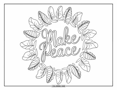 Coloriage du pardon pour adultes : « Make Peace » en cursive encadré par un mandala de feuilles d'automne