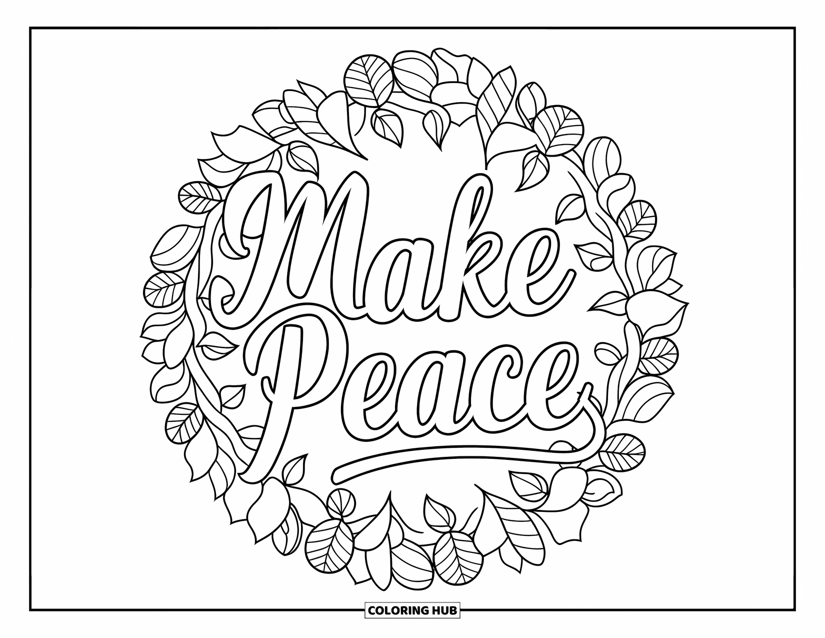 Forgiveness Coloring Page for Adults: "Make Peace" in cursive inside autumn leaf mandala