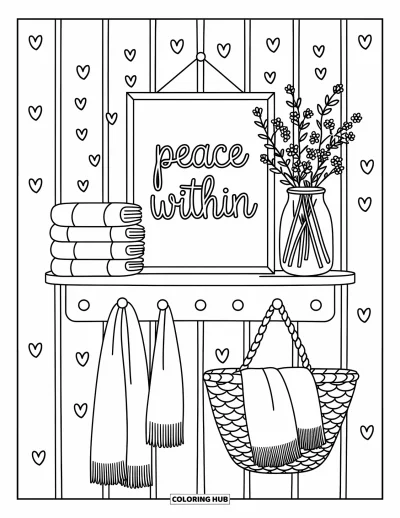 Coloriage du pardon pour adultes : Étagère avec du linge plié, des fleurs et l'imprimé encadré « Peace Within » avec des crochets en dessous