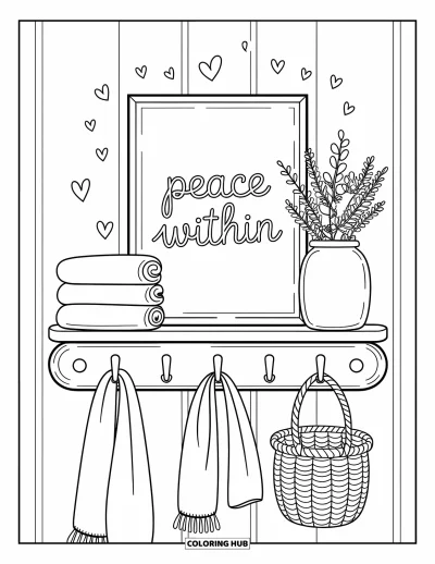 Coloriage du pardon pour adultes : Étagère avec du linge plié, des fleurs séchées et l'imprimé encadré « Peace Within »