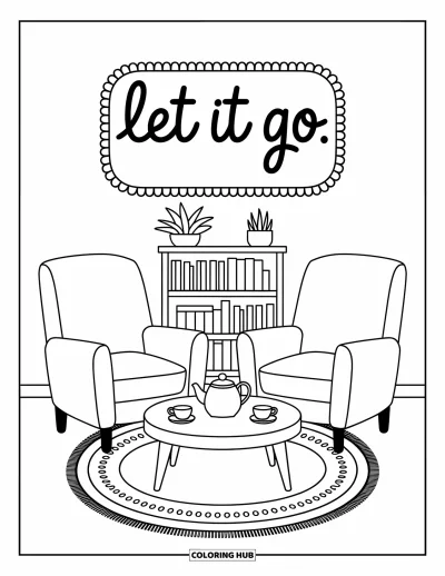 Coloriage du pardon pour adultes : Deux fauteuils et une table avec une théière, l'enseigne « Let It Go » et un tapis à motifs
