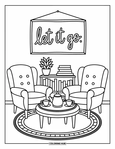 Coloriage du pardon pour adultes : Deux fauteuils avec une table à théière, une enseigne murale « Let It Go » et une bibliothèque
