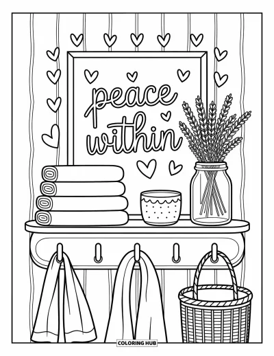 Coloriage du pardon pour adultes : Étagère murale avec l'imprimé « Peace Within », du linge, des fleurs, une écharpe et un panier