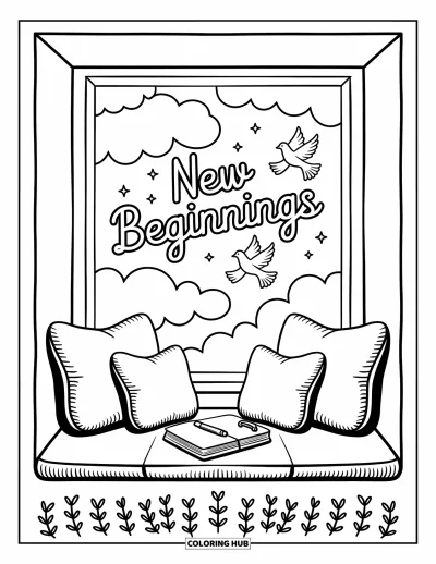 Coloriage du pardon pour adultes : Coin-fenêtre avec des coussins, « New Beginnings » dans des nuages, des colombes et un plateau avec un journal