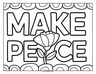 Coloriage du pardon pour enfants : Fleur épanouie sous le texte « Make Peace » en lettres grasses