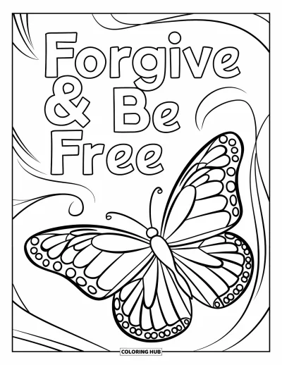 Coloriage du pardon pour enfants : Papillon avec le texte « Forgive & Be Free »