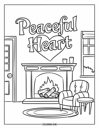 Coloriage du pardon pour enfants : Pièce chaleureuse avec une cheminée et le texte « Peaceful Heart »
