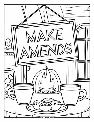 Coloriage du pardon pour enfants : Pièce douillette avec une table, des tasses, des pâtisseries et « Make Amends »