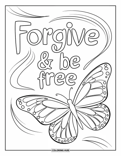 Coloriage du pardon pour enfants : « Forgive & Be Free » avec un papillon et des volutes