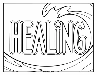 Coloriage du pardon pour enfants : « Healing » en lettres décoratives encadré par une vague