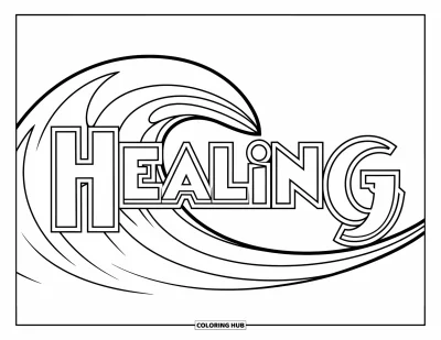 Coloriage du pardon pour enfants : Grande vague encadrant le mot « Healing » en lettres grasses