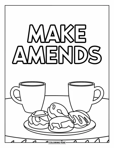 Coloriage du pardon pour enfants : « Make Amends » au-dessus d'une table avec des tasses et des pâtisseries