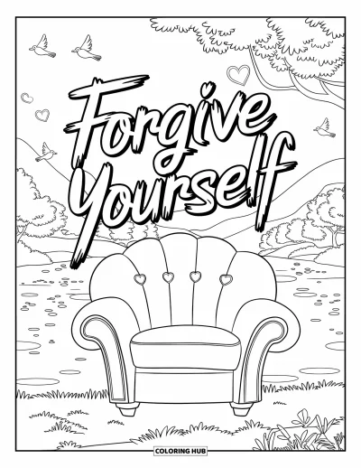 Coloriage du pardon pour enfants : Scène avec un fauteuil en plein air et « Forgive Yourself » au-dessus