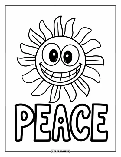Coloriage du pardon pour enfants : « Peace » avec un soleil fait de rayons et d'un sourire
