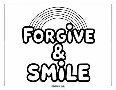Coloriage du pardon pour enfants : Arc-en-ciel au-dessus du texte « Forgive & Smile »