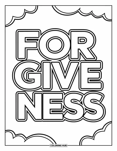 Coloriage du pardon pour enfants : Arc-en-ciel et nuages autour du joyeux texte « Forgiveness »
