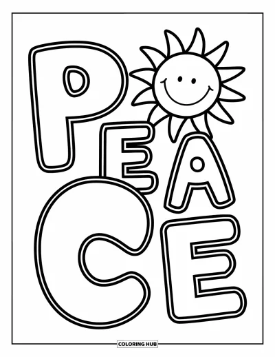 Coloriage du pardon pour enfants : Soleil aux rayons souriants au-dessus du texte « Peace »