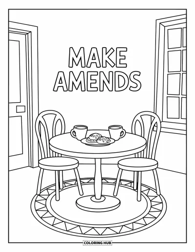 Coloriage du pardon pour enfants : Table avec des tasses, des pâtisseries, des chaises et « Make Amends »
