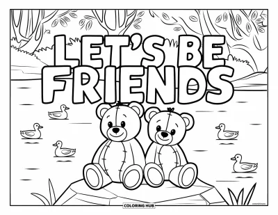 Coloriage du pardon pour enfants : Oursons au bord d'un lac avec le texte « Let's Be Friends »