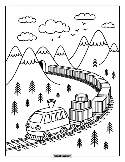 Güterzug-Ausmalbild für Erwachsene: Beladener Zug schlängelt sich durch Berge mit Bäumen, Wolken und einem kleinen Tunnel