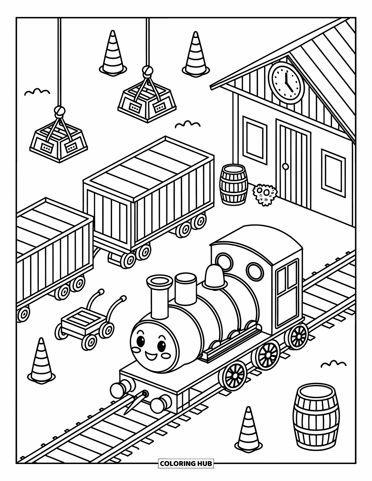 Freight Train Coloring Page for Adults: Cart, crates, and cranes fill a cheerful yard beside a smiling train and clock tower