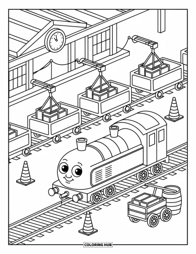 Güterzug-Ausmalbild für Erwachsene: Niedliche Lokomotive mit großen Augen wartet neben Kränen, Kisten und einem gemütlichen kleinen Bahnhof