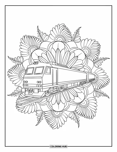 Güterzug-Ausmalbild für Erwachsene: Flachwagen im Mittelpunkt eines Mandalas aus Sonnenblumen, Farnen und Efeu