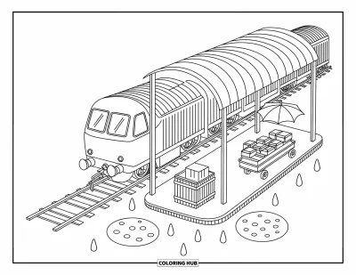 Güterzug-Ausmalbild für Erwachsene: Güterwagen säumen einen Bahnsteig mit Kisten, Paketen und sanften Regenpfützen
