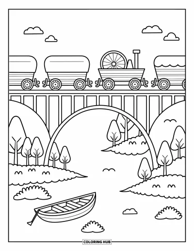 Güterzug-Ausmalbild für Erwachsene: Güterwagen rollen über eine hohe Brücke über Wasser, Büsche und ein angedocktes Boot