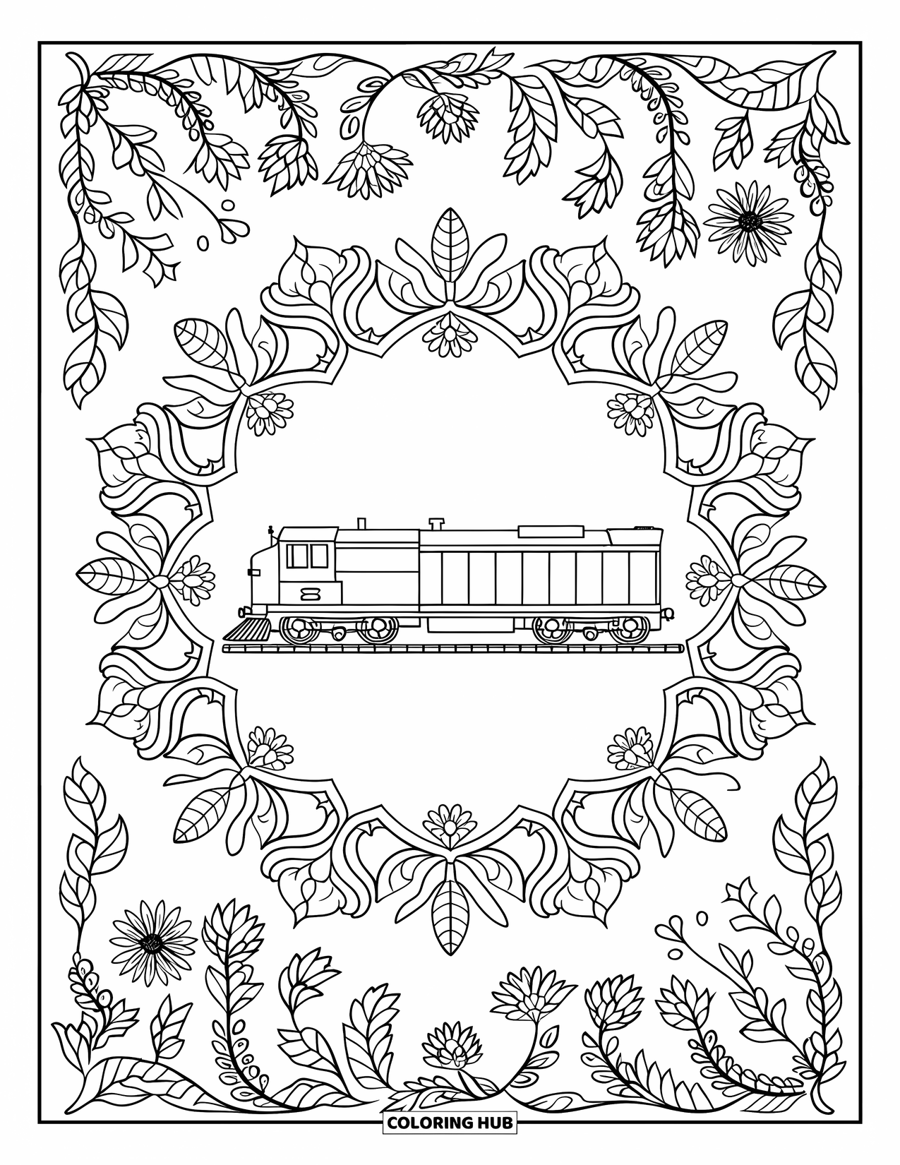 Freight Train Coloring Page for Adults: Freight engine with big wheels rests in a leafy mandala with intricate detail