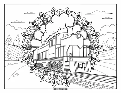 Güterzug-Ausmalbild für Erwachsene: Güterlokomotive mit aufsteigendem Rauch eingebettet in ein botanisches Mandala aus Disteln und Klee