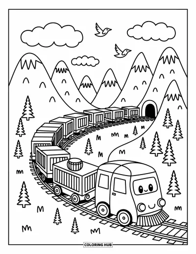 Güterzug-Ausmalbild für Erwachsene: Güterzug transportiert kleine Fracht durch kurvenreiche Berge mit Wolken und fliegenden Vögeln