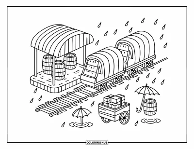 Güterzug-Ausmalbild für Erwachsene: Güterzug hält an einem gemütlichen Bahnhof mit Kisten, Paketen und Regenschirmen im Regen