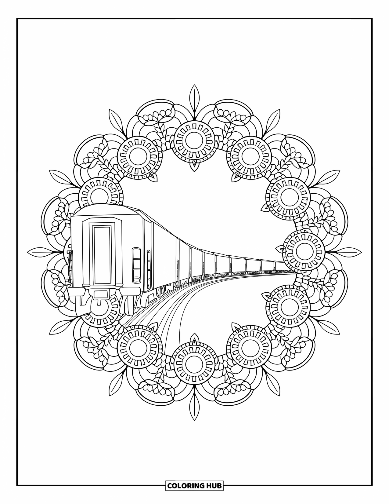 Freight Train Coloring Page for Adults: Freight train travels through a mandala of gears and leaves on a plain white page