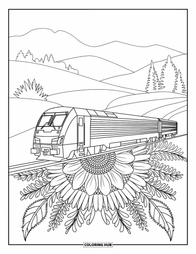Güterzug-Ausmalbild für Erwachsene: Güterzug mit offenen Waggons umgeben von einem Blumenmandala und Hügeln im Hintergrund