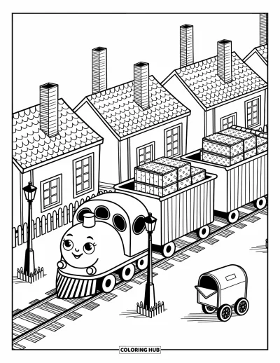 Güterzug-Ausmalbild für Erwachsene: Güterzug mit gemusterten Waggons fährt an gemütlichen Häusern und einem verspielten Postwagen vorbei