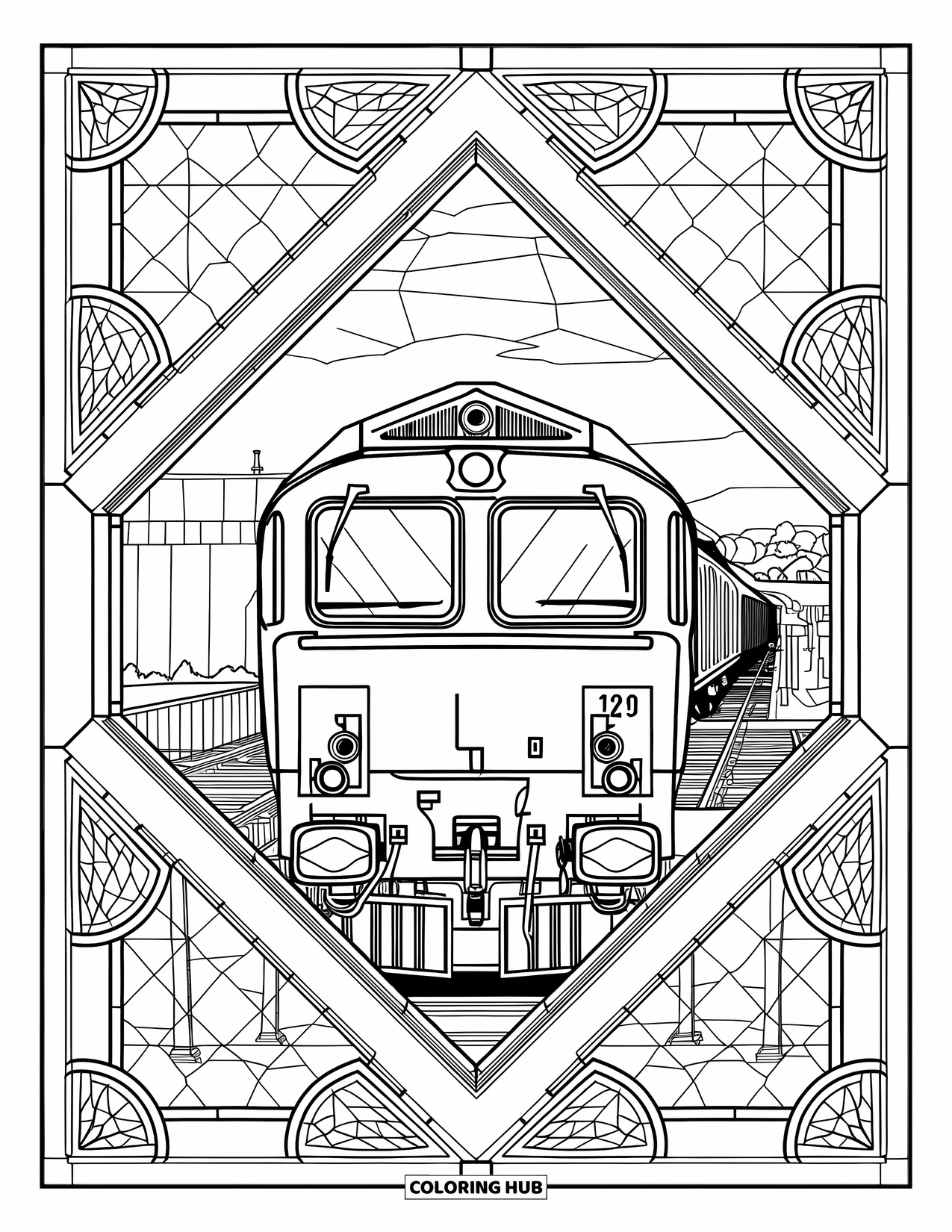 Freight Train Coloring Page for Adults: Locomotive rests inside stained glass panels with a rustic platform and detailed framing