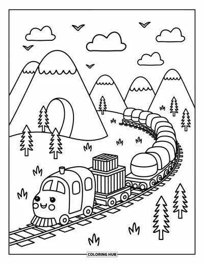 Güterzug-Ausmalbild für Erwachsene: Zug erklimmt einen kurvenreichen Weg an wolkenverhangenen Hügeln, Bäumen und einem fernen Tunnel vorbei