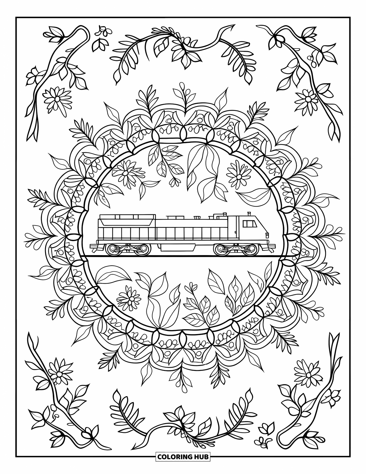 Freight Train Coloring Page for Adults: Train engine is centered in a botanical mandala with vines, leaves, and wildflowers