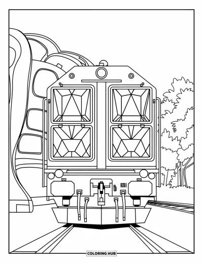 Güterzug-Ausmalbild für Erwachsene: Zuglokomotive eingerahmt von kräftigen Buntglaspaneelen und Bäumen in der Ferne