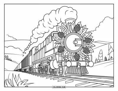 Güterzug-Ausmalbild für Erwachsene: Zuglokomotive mit Rauch umgeben von einem Mandala und einem friedlichen Naturblick