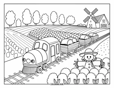 Güterzug-Ausmalbild für Erwachsene: Zug transportiert Heuballen und Fässer an Feldern, einer Scheune und einer lächelnden Vogelscheuche vorbei