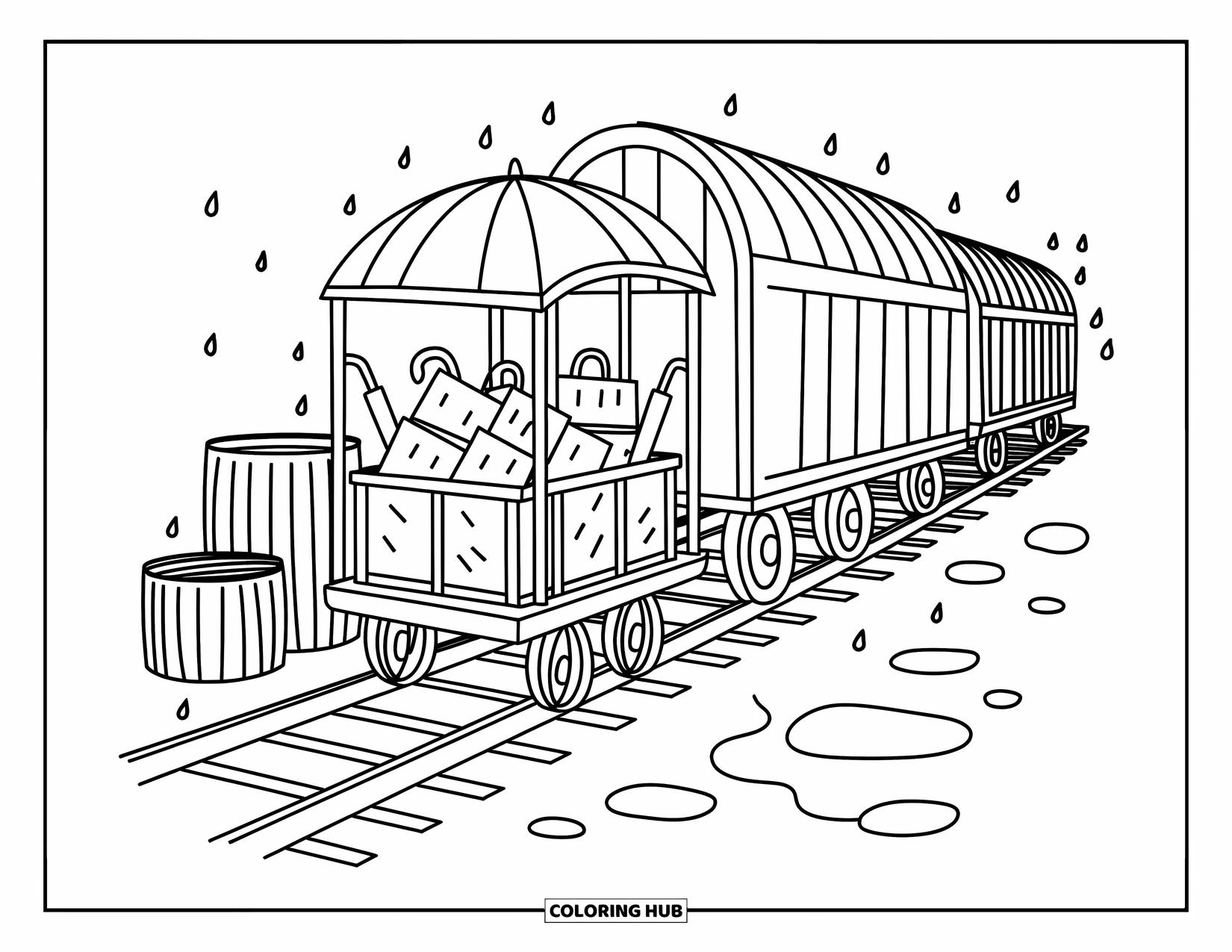 Freight Train Coloring Page for Adults: Train stops at a small station with wrapped parcels and puddles near leaning umbrellas